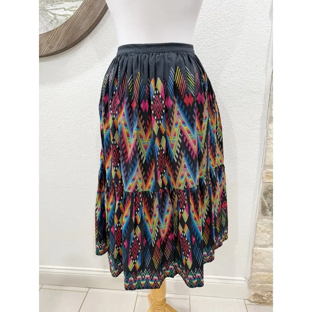 Anthropologie Tanvi Kedia Iris Tiered Midi Skirt Black Chevron Button Front XS